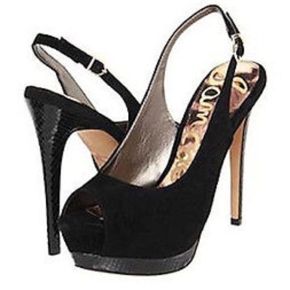 Sam Edelman Black Suede Peep Toe Sling Back Platform Edgy High Heeled Pump